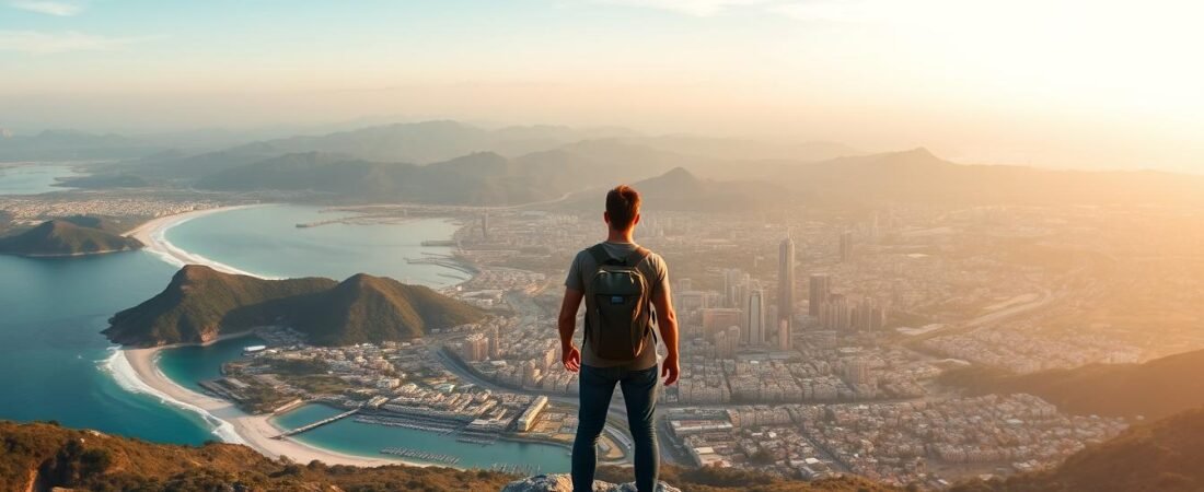 A sweeping panoramic vista of 10 iconic solo travel destinations around the world. In the foreground, a lone adventurer stands atop a rocky overlook, gazing out at the diverse landscapes beyond. In the middle ground, a series of breathtaking scenes unfold - lush tropical beaches, majestic mountain ranges, bustling cosmopolitan cityscapes, and serene rural villages. The background is filled with a soft, golden hour light that casts a warm, dreamlike glow over the entire scene. The composition is balanced and harmonious, drawing the viewer's eye across the frame to explore the wide array of captivating destinations. The overall mood is one of wanderlust, discovery, and the sense of freedom that comes with solo travel.